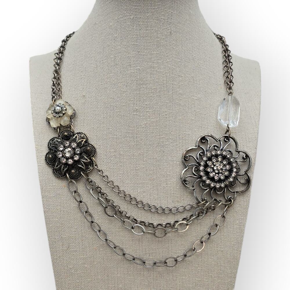 Floral Filigree Chain Necklace – Antique Silver Tone Rhinestone Gothic Revival